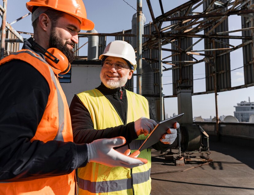trabalhadores da construcao civil mediana com tablet 23 2148921391