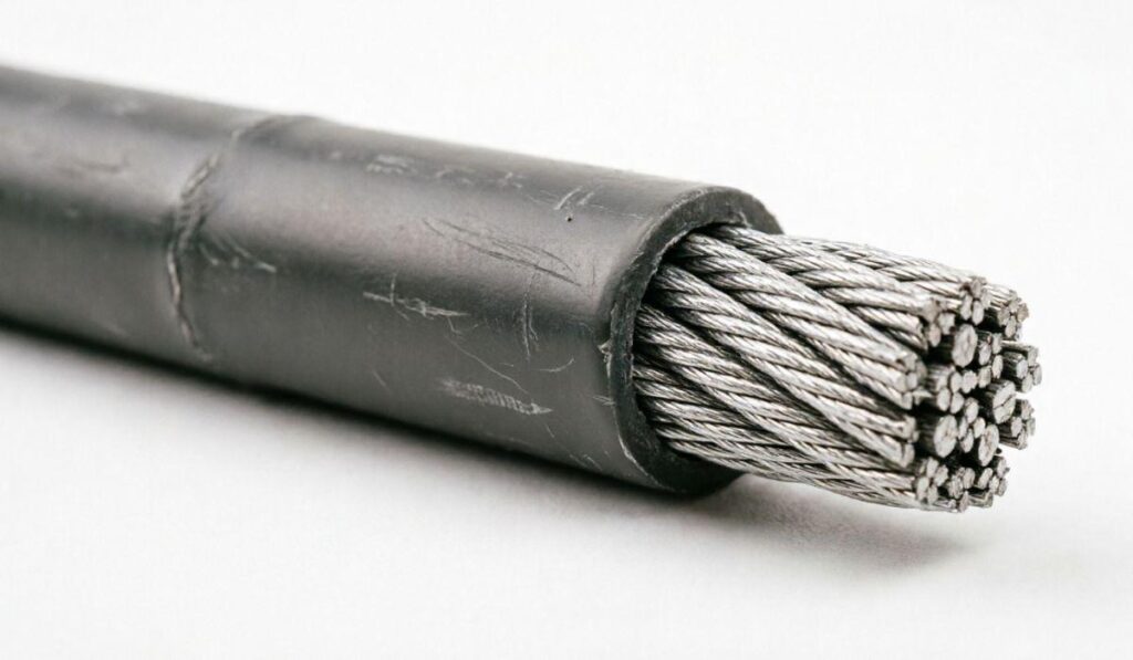 Cabos de aço com revestimento em PVC ou Nylon: quando o acabamento polimérico é indispensável? 2 Exemplo de cabo de aço revestido