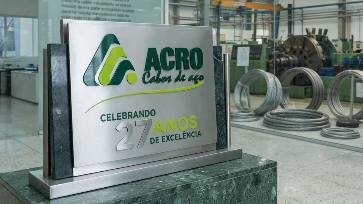 Placa institucional de comemoração dos 27 anos da Acro Cabos de Aços destacando a qualidade, tradição e excelência em cabos de aço