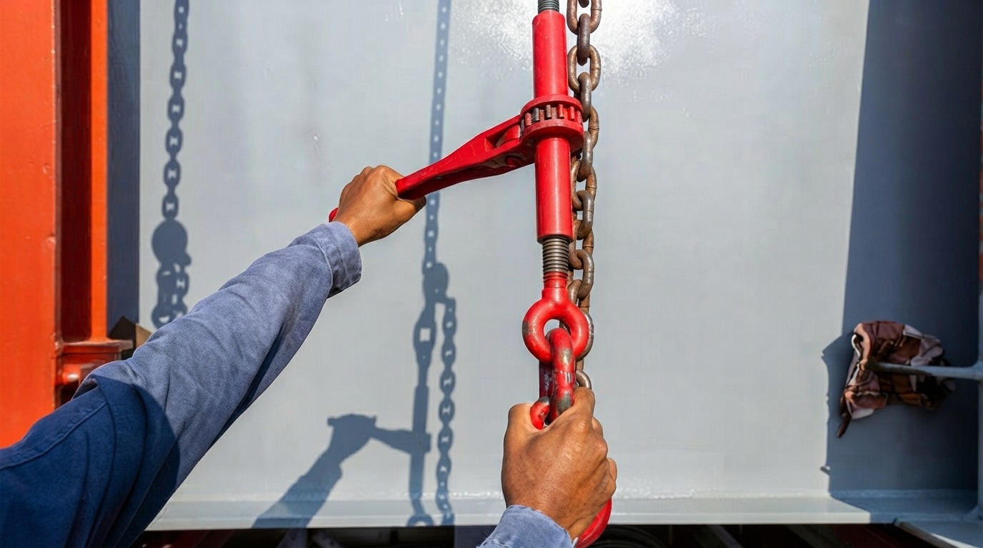 Operador acionando a alavanca da catraca de um tensionador de corrente vermelho para aplicar tensão na amarração de carga pesada.