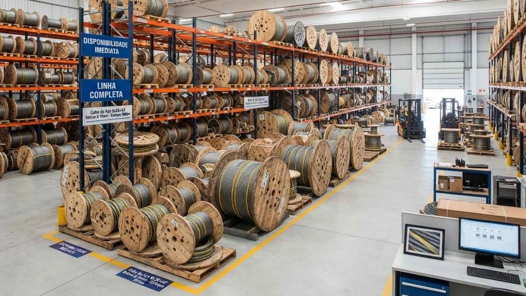 Estoque de cabos de aço para pronta entrega em distribuidora especializada.