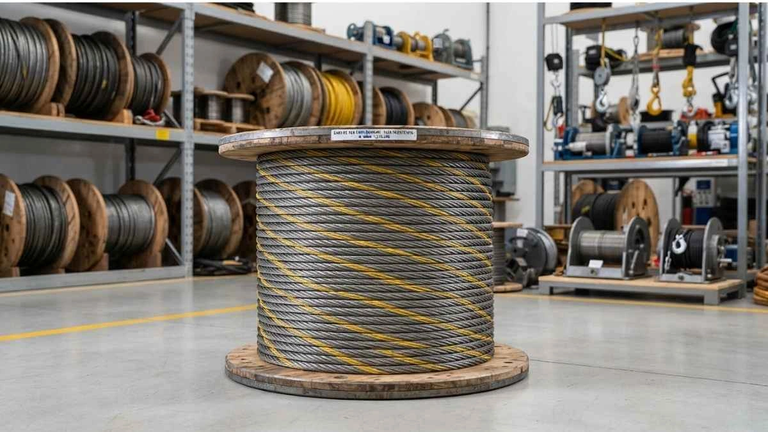 Cabo de aço para guincho armazenado em estoque industrial.