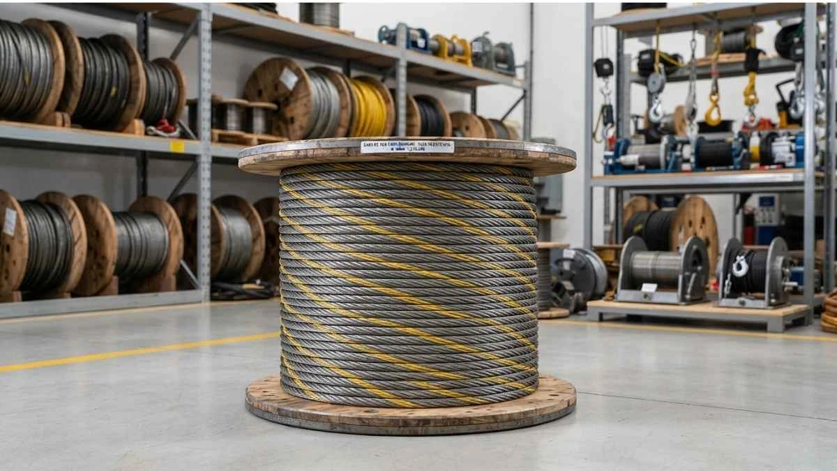 Cabo de aço para guincho armazenado em estoque industrial.