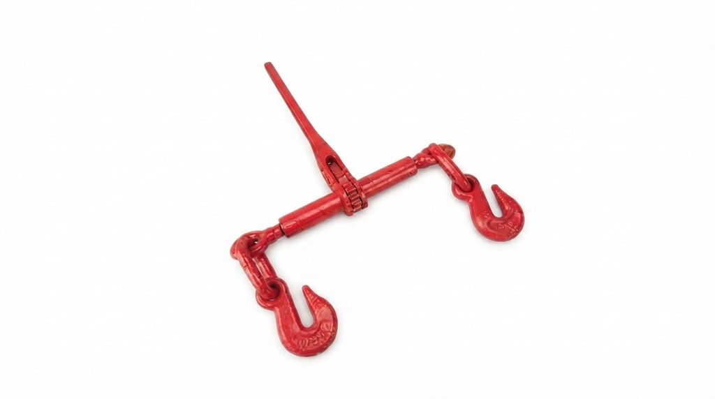 Tensionador de corrente: como funciona este acessório na amarração de cargas? 2 Tensionador de corrente manual com catraca e ganchos nas extremidades, isolado em fundo branco.