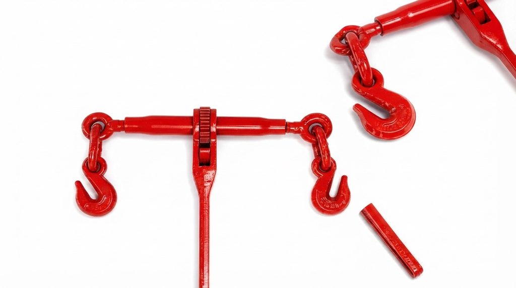 Tensionador de corrente: como funciona este acessório na amarração de cargas? 3 Tensionador de corrente manual vermelho, tipo catraca, com ganchos nas extremidades, isolado em fundo branco.