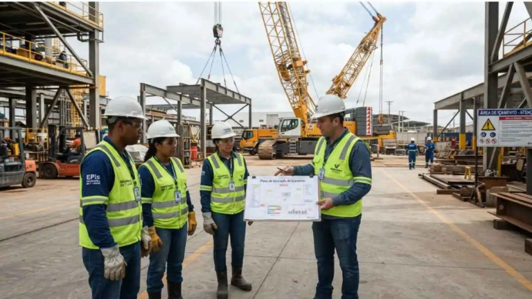 Equipe realizando DDS antes de uma operação de movimentação de cargas.