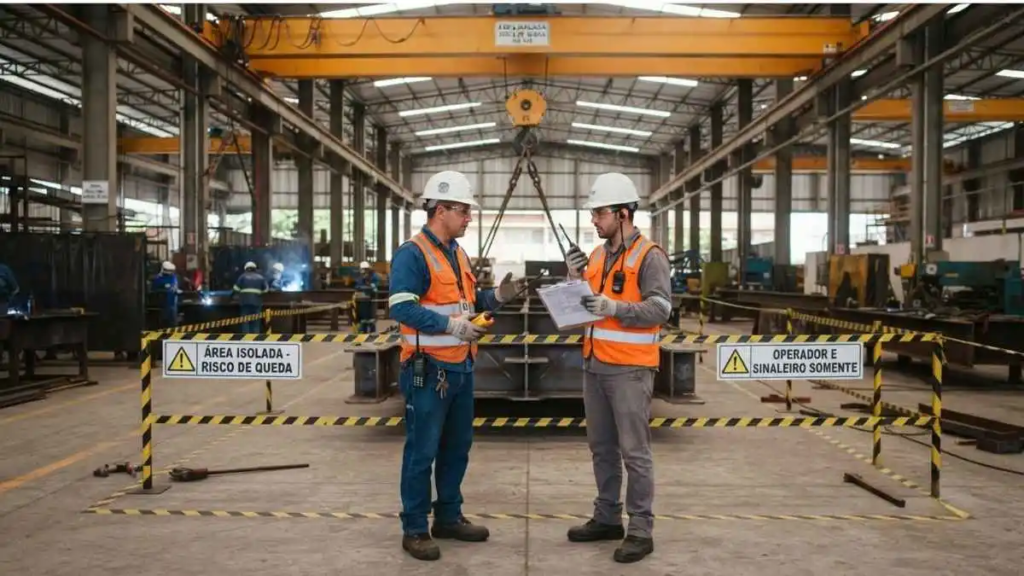 DDS movimentação de cargas: como realizar um diálogo diário de segurança eficiente sobre içamento? 3 Equipe alinhando procedimentos de segurança antes do içamento de carga.