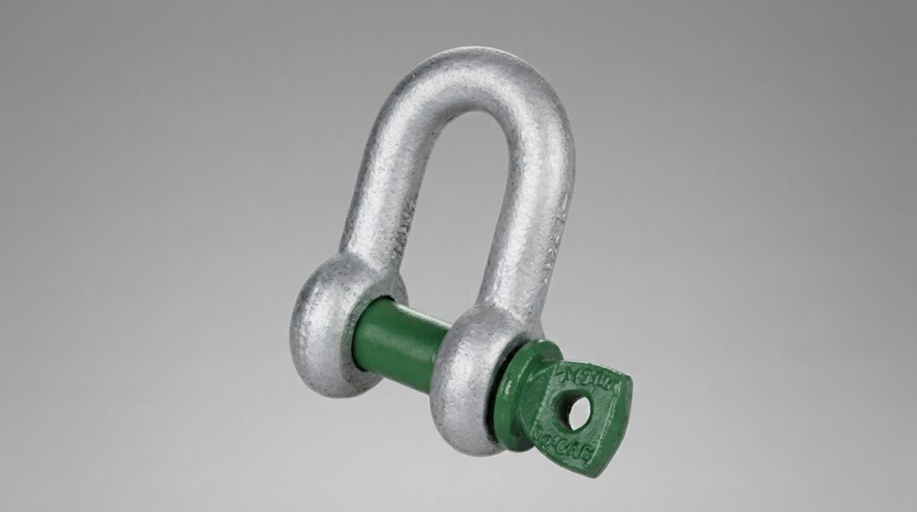 Uma manilha reta de aço galvanizado, também conhecida como manilha D, com o pino roscado e o olhal pintados de verde característico da marca Green Pin. A peça está isolada contra um fundo cinza neutro e apresenta marcações de especificação gravadas em sua estrutura.